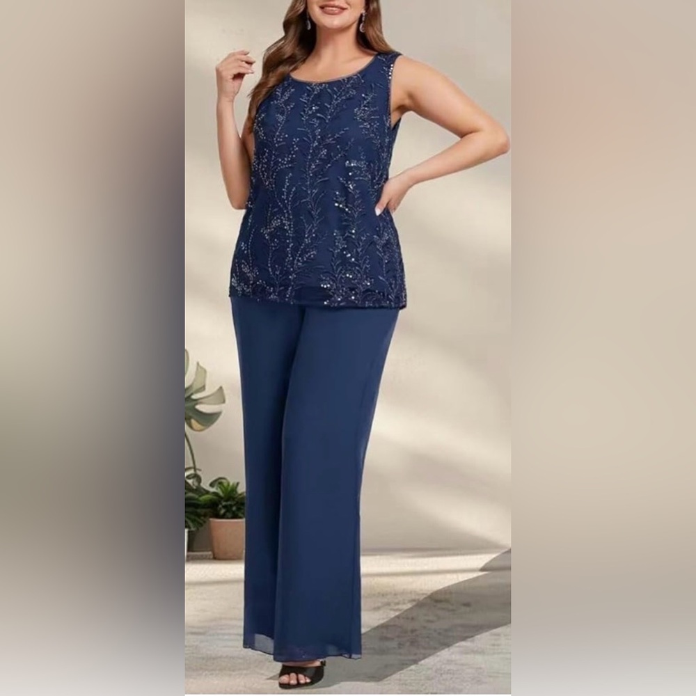 Mother of bride/ formal 2-piece: wide-leg pants & sequinned top. N blue. 24 NWT